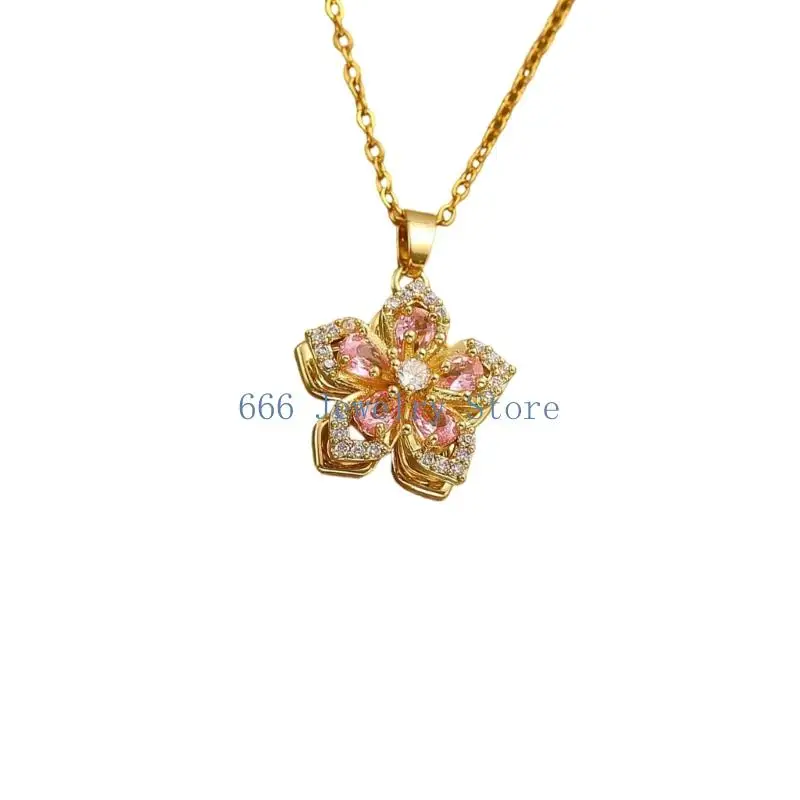 F2TD Unique Rotating Zirconia Flower Pendant Necklace Steel Chain Sparkling Jewelry Fashion Accessory Gift for Her