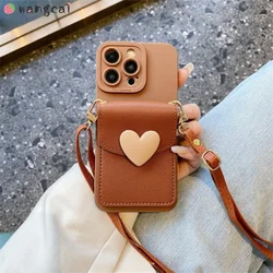 For Samsung Galaxy A36 A16 A06 S25 Ultra S25+ S24 FE Phone Case Love Heart Card Holder Soft Cover With Lanyard
