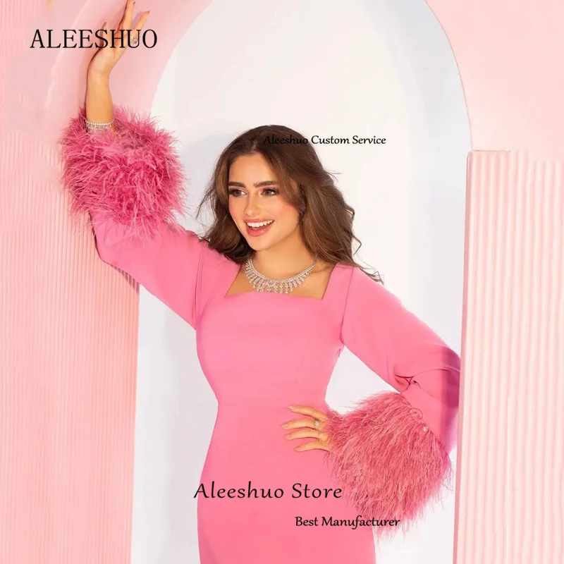 Aleeshuo Pink Straight Prom Dresses Sexy Side Slit Long Sleeve Feathers Party Dresses Square Collar Ankle-Length Evening Dress