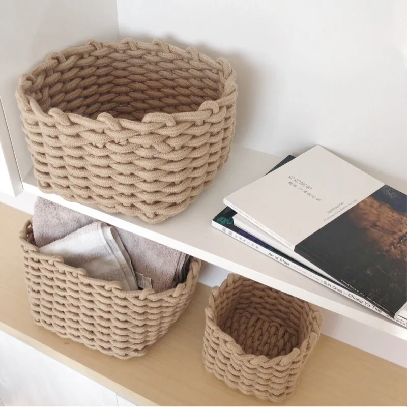 Hand-woven Storage Baskets Cotton Rope Weaving Box Sundries Cosmetic Organizer Desktop Storages Basket Panier Rangement