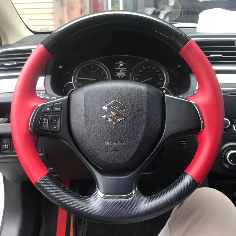

Для Suzuki Swift Sport Vitara 2012-2017 ручная прошивка черный карбоновый красный нескользящий чехол из натуральной кожи на руль автомобиля