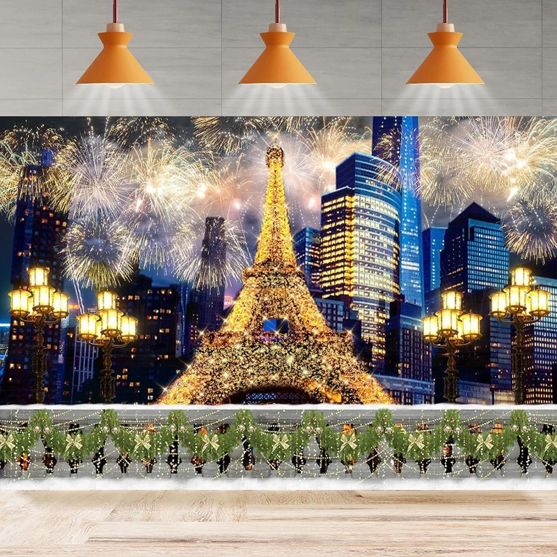 Merry Christmas Photography Backdrop Paris Cityscape Night View Fireworks Eiffel Tower Background Party Backdrop Wall Banner