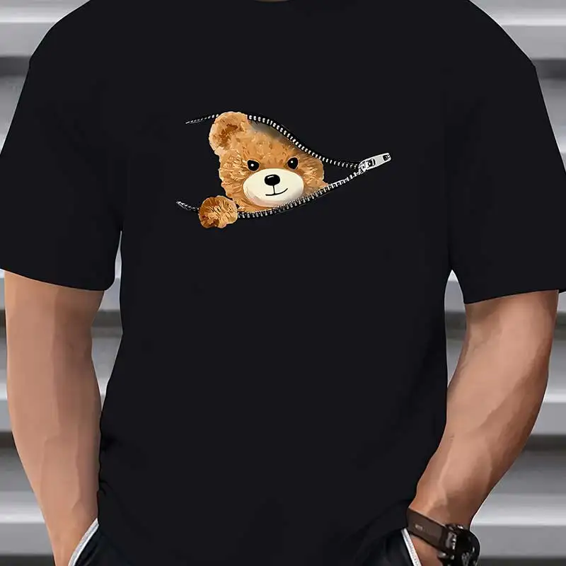 Men\'s Stylish Bear Pattern T-shirt, Casual Cotton Blend Breathable Crew Neck Short Sleeve Tee For Outdoor Activities