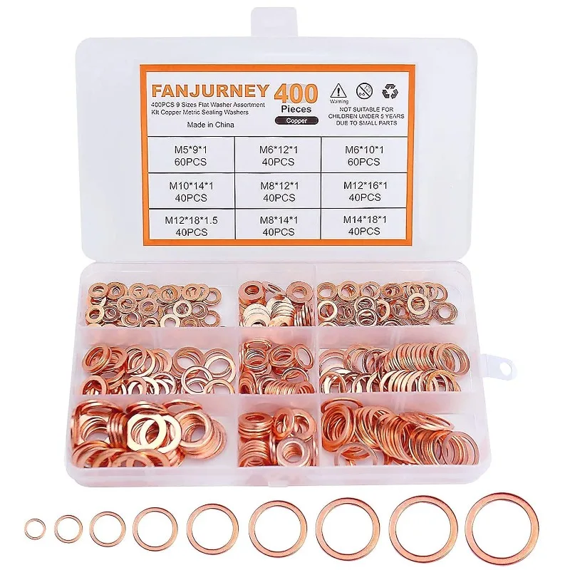400/300/100PCS Copper Washer Gasket Nut and Bolt Set Sealing Solid Gasket Washer Flat Ring Seal Assortment Kit For Sump Plugs