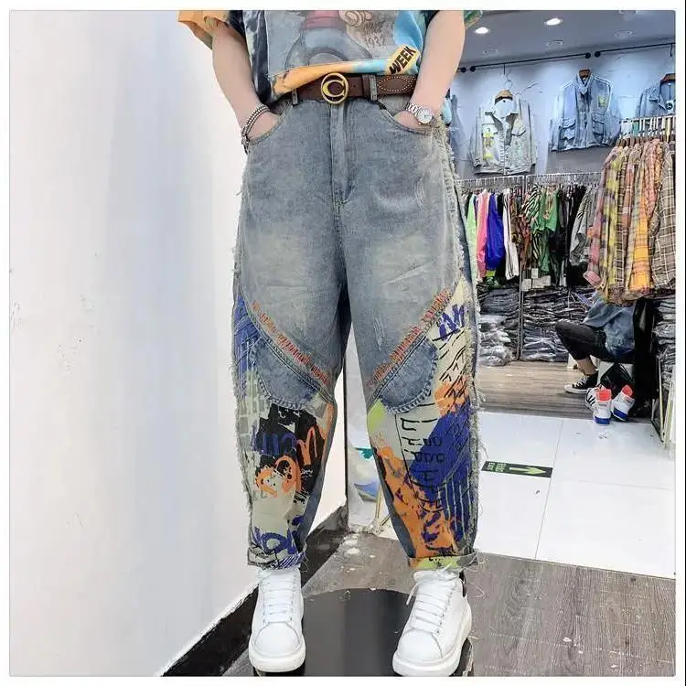 Jean en Denim imprimé pour femmes, coupe ample, taille haute, neuf Points, pantalon Harlan, décontracté, amincissant, tendance, été 2023