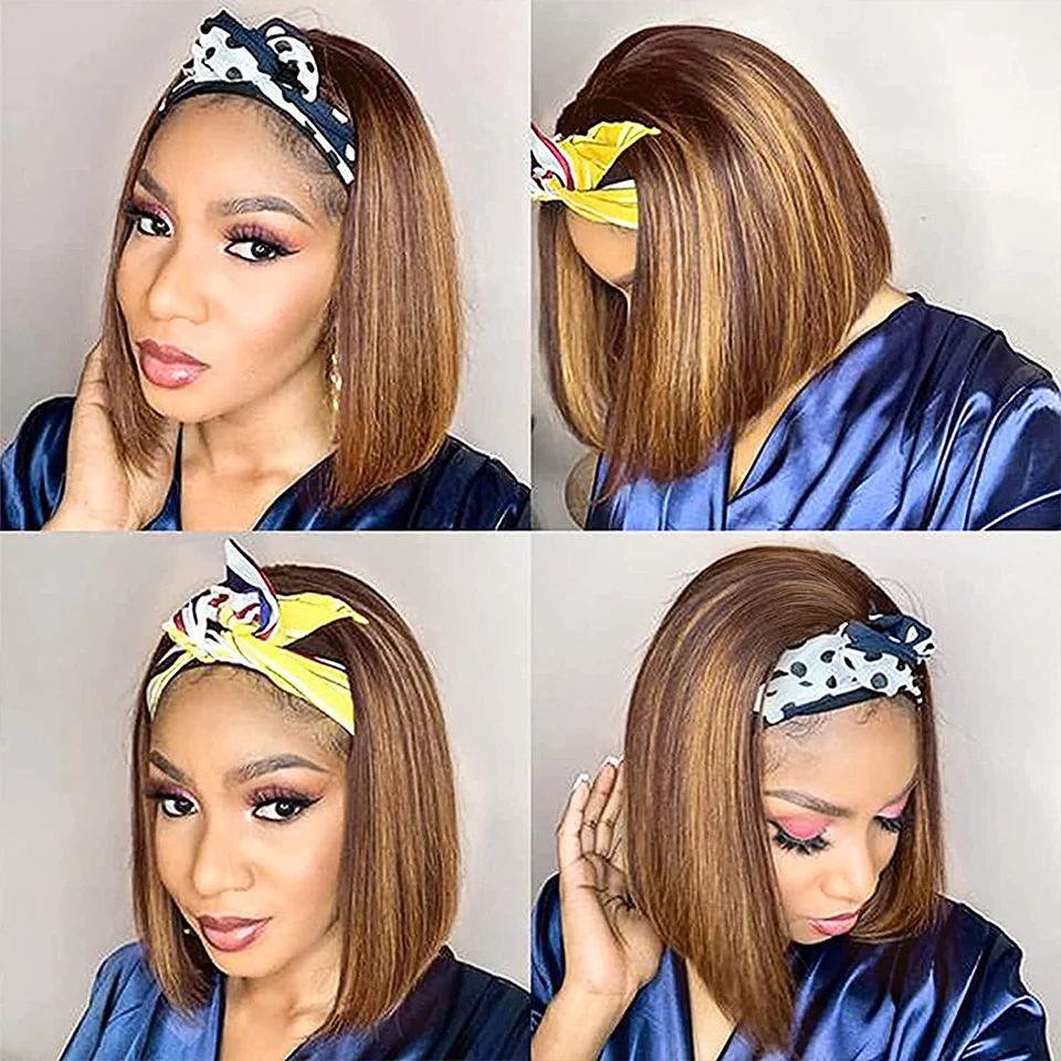 Ombre Highlight Bob Headband Human Hair Wig for Women Colored 1B P4/27 Natural Human Hair Wigs Machine Madefor Daily Use