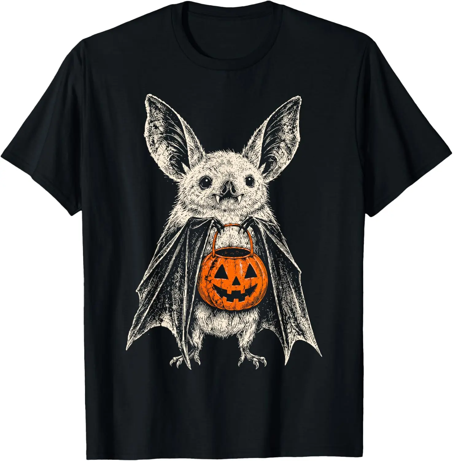 Cute Bat Pumpkin Bucket Halloween Trick Or Treat T-Shirt Breathable, heavyweight pure cotton short-sleeve top—stylish, plus-size, and suitable for year-round wear with a sporty, casual vibe