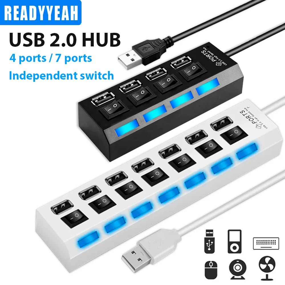 2.0 Usb Hub With Lndependent Switch And LED indicator For PC Hub Use Power Adapter Computer Accessory 4/7 Port Multiple Expander