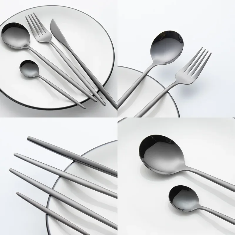 

24pcs Black Western Dinnerware Set Stainless Steel Cutlery Fork Knife Spoon Tableware Flatware Silverware Set