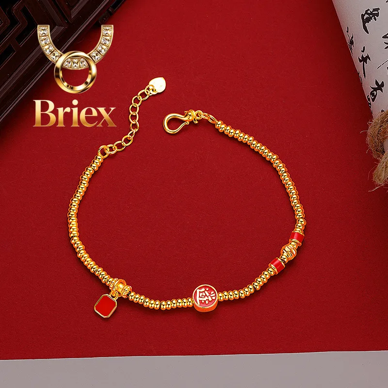 Briex Jewelry Luxury 24K 9999 Pure Gold real gold National Style Enamel Rijin Gold Disc Bead Bracelet
