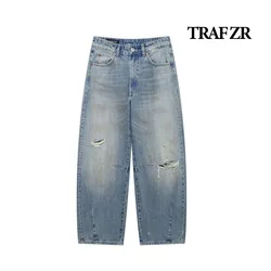 TRAF ZR Woman Trousers Ripped Newjeans Ladies Fashion Denim Trousers Vintage Basics Baggy Pants for Women Mid Waisted Pants