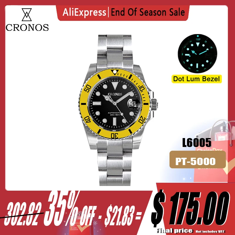 Cronos Sub Diver Men Watch Stainless Steel PT5000 Bracelet Ceramic Bezel 200 meters Water Resistant Glideclasp L6005 V3 Watches