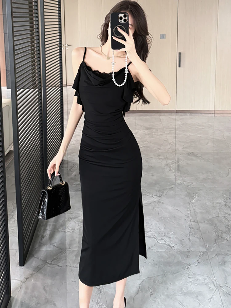 ฤดูร้อนสีดําจีบBodycon Chicลูกไม้สลิงชุดยาวเซ็กซี่ผู้หญิงElegant Ruffledพรหมชุด 2025 เกาหลีชุดราตรีวินเทจ