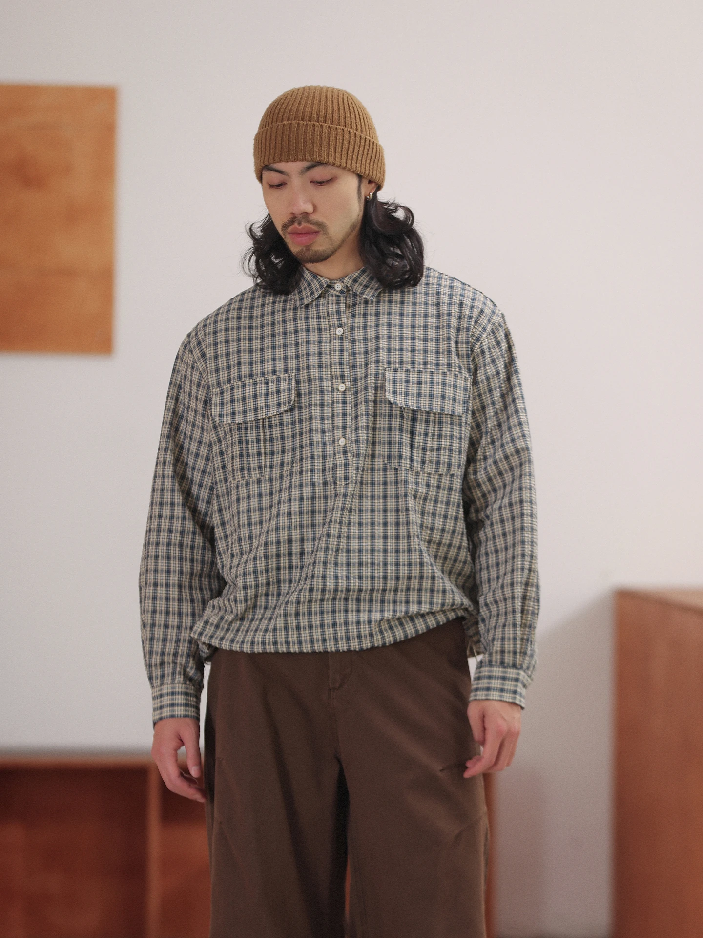 

Noears Japanese Sle y Plaid k Blue Bubble irt Loose Retro Collar Long Sve Breathable Cotton Spring Men's irt