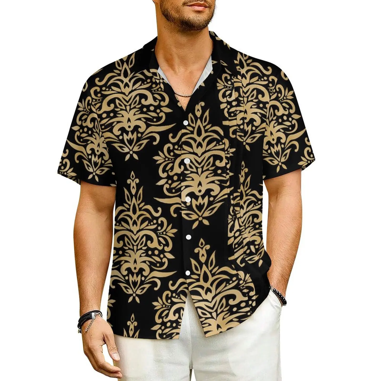 

Dressy Damask Vacation Shirt Black and Gold Hawaiian Casual Shirts Male Vintage Blouses Short Sleeves Streetwear Printed Top