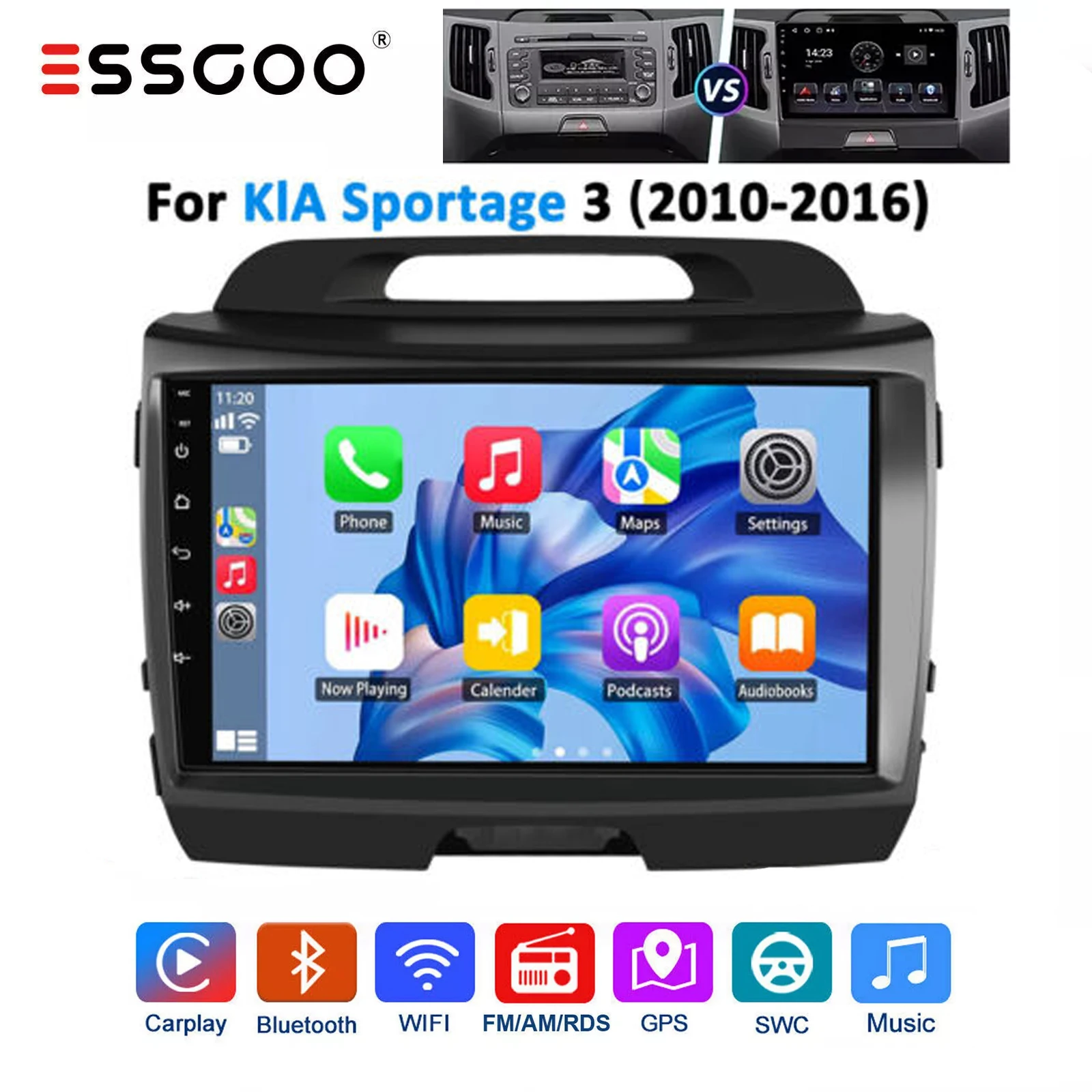 ESSGOO 9 "Android 13 รถวิทยุสเตอริโอCarplay Android Auto GPSนําทางหน้าจอสัมผัสBT Wifi FMสําหรับKIA Sportage 3 2010-2016