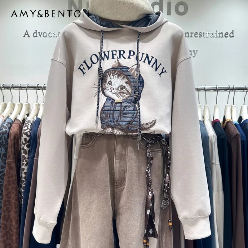 

Y2k Casual Hooded Sweatshirt For Women 2025 Autumn Winter New Heavy Industry Cat Embroidery Youthful Loose Short Pullover Jacket
