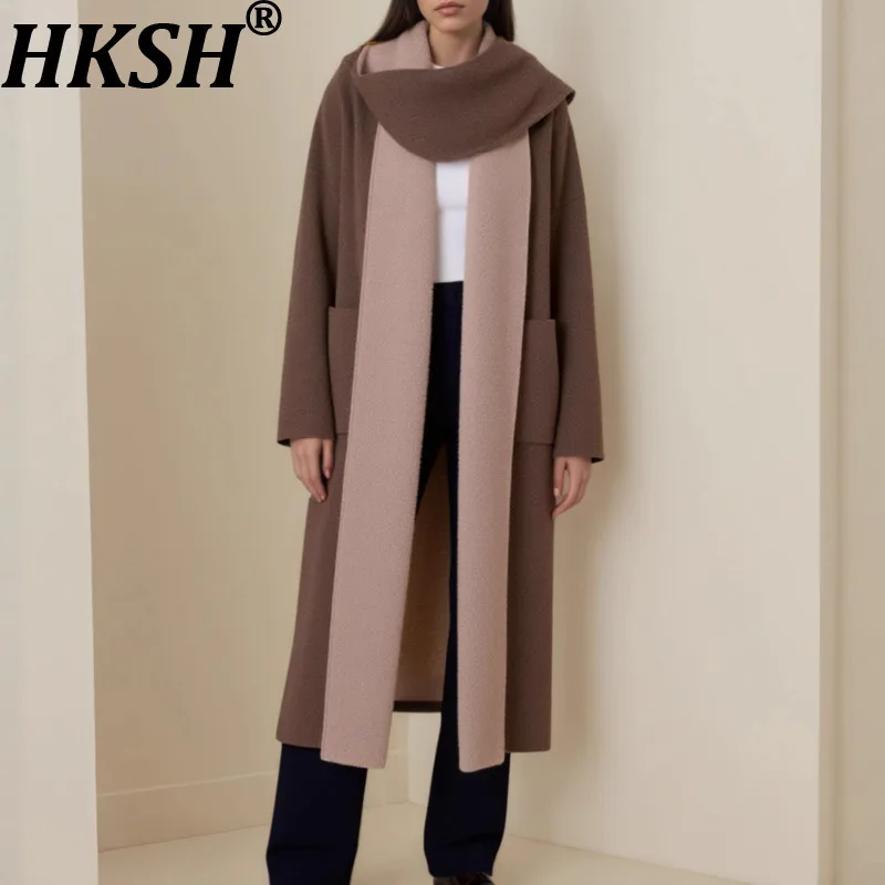 

HKSH шерстяная куртка для женщин, осень-зима, новое двустороннее пальто с воротником-шарфом и карманами, элегантное темпераментное шикарное длинное теплое пальто HK10993