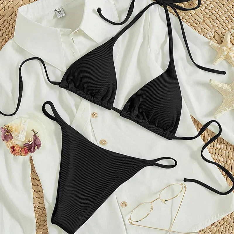 2024 Special Pit Stripe Fabric Bikini Set Women Sexy Simple Solid Halter Bikini Swimsuit High Waisted Lace Up Beach Bathing Suit