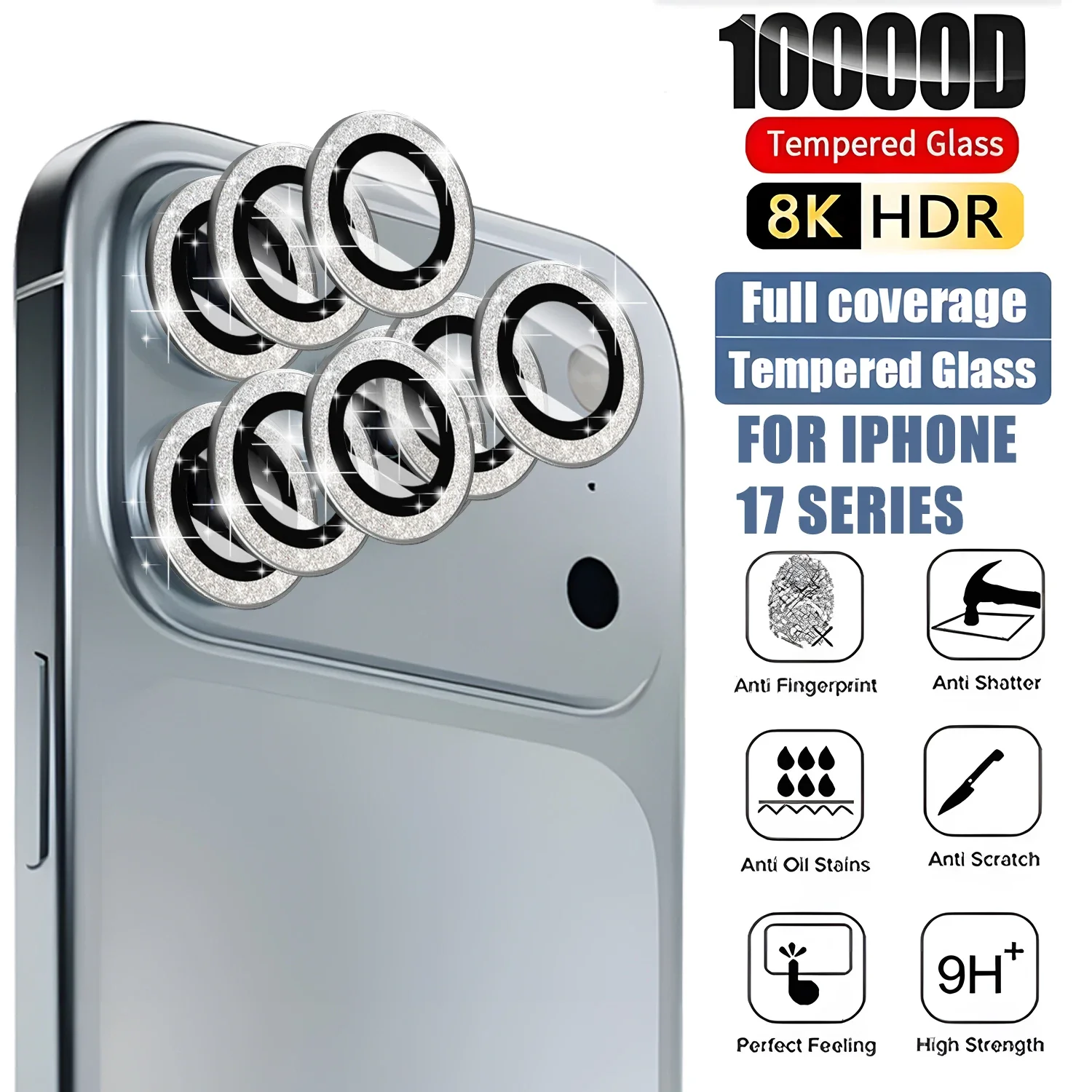 iPhone 17/17 Pro Max/17PM/17 Air用 グリッターカメラレンズ保護カバー 9Hガラスメタル保護キャップ 2025