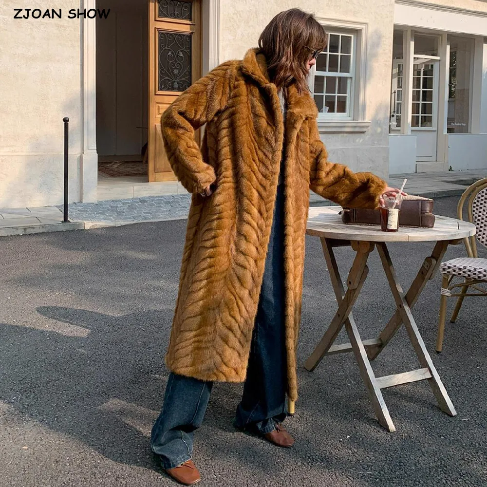 

3 colors New Winter Embossing Wave Line Pattern Faux Mink Fur Coat CHIC Women Lapel Collar Full Sleeve Long Outerwear Warm
