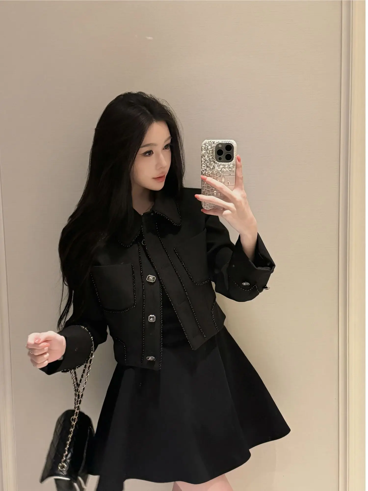 

Youenbb Stylish Black Heavyweight Pocket Detail Collared Short Jacket Fashionable Elegant Design Commute Friendly Polyester B...