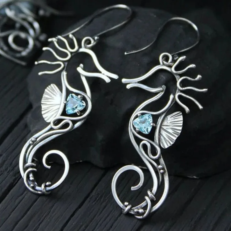 Retro étnico prata cor espiral meio círculo coração brinco vintage jóias antigo metal esculpido padrão seahorse balançar brincos