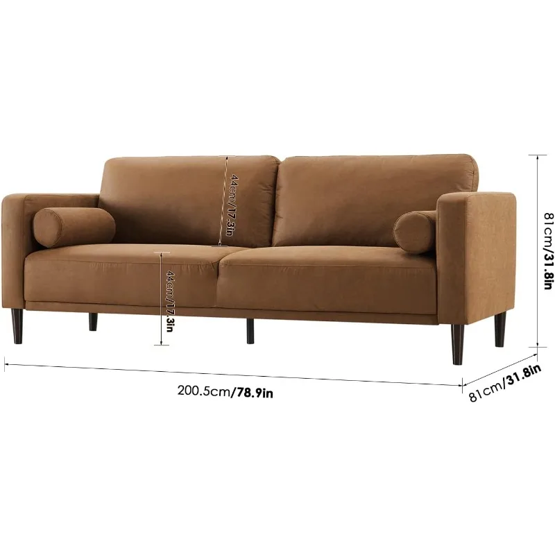 Sofa Couches, 79” Mid-Century Modern Couch, Breathable Faux Leather Couch with Upholstered Cushions/Pillows, 3-Seat Sofas