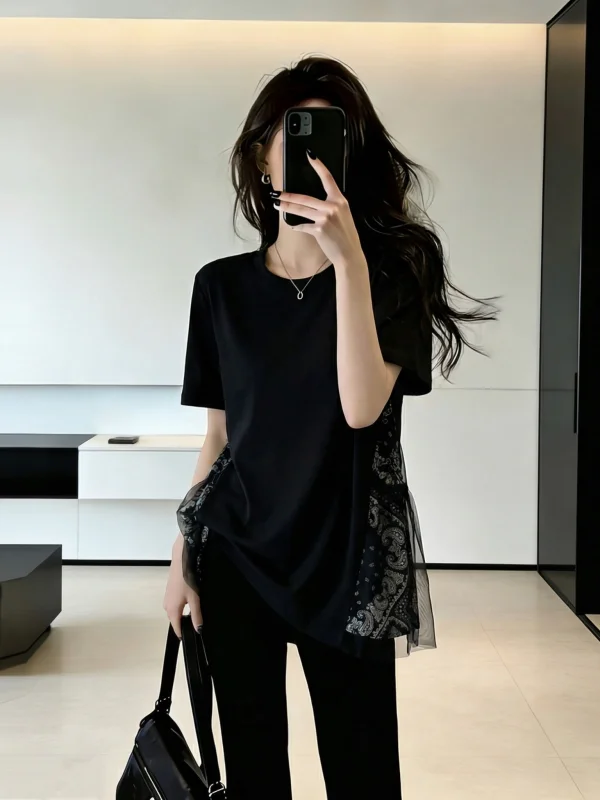Ethnic Style Spliced Short Sleeve T-Shirt Women's Loose Fit Summer New plus Size Cover Belly Top Shoulder Width Regular