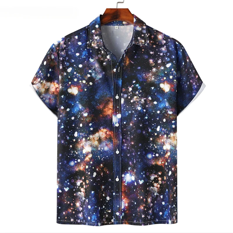 Summer 3D Starry Sky Print Men's Short Sleeved Shirt Fashion Men's Top Loose Cardigan Street Wear