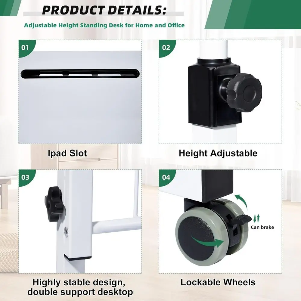 Portable Rolling Laptop Desk with Adjustable Height for Treadmill and Sit-Stand Use in White