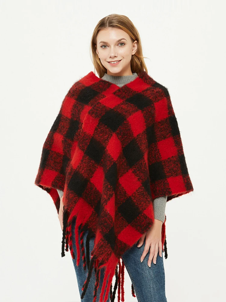 Nova moda outono inverno moda feminina borla xadrez xale quente grosso tamanho grande estilo de trabalho solto alta qualidade bonito poncho