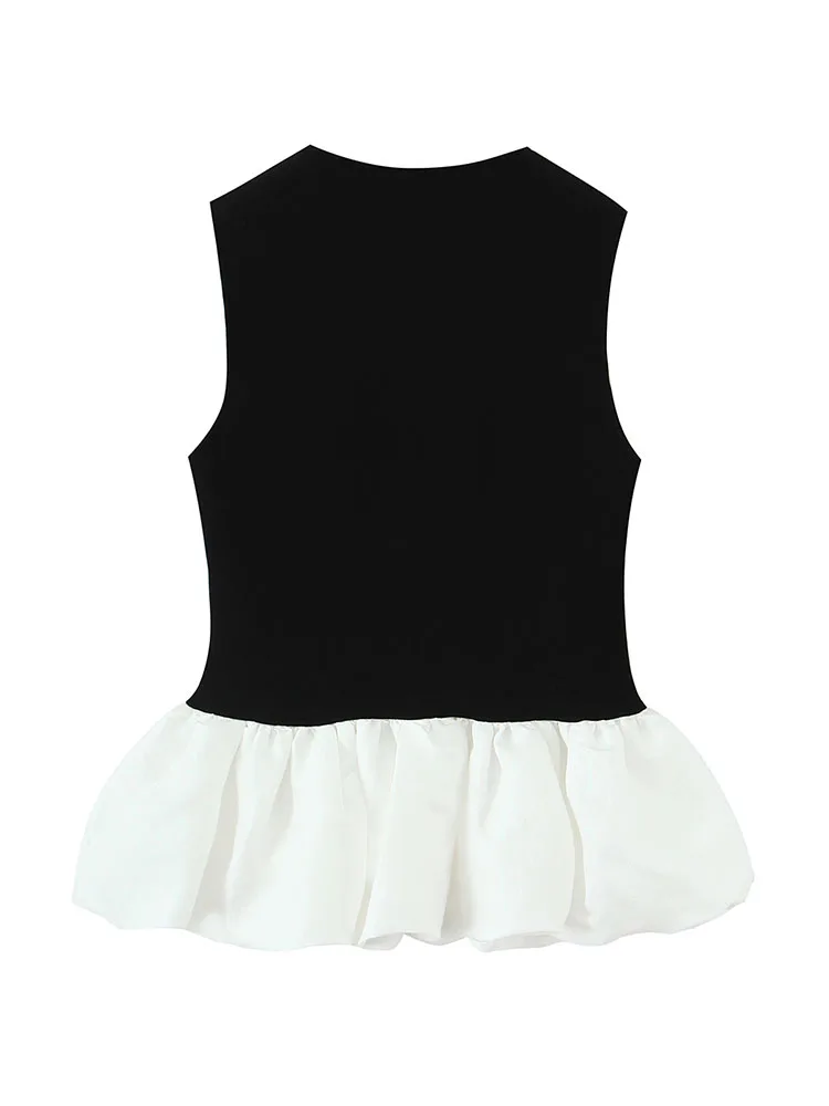 

HH Women's Fashion Versatile Round Neck Sweet Splicing Stretch Top Female Simple High Street Sleeveless Sexy Pullover Short Top