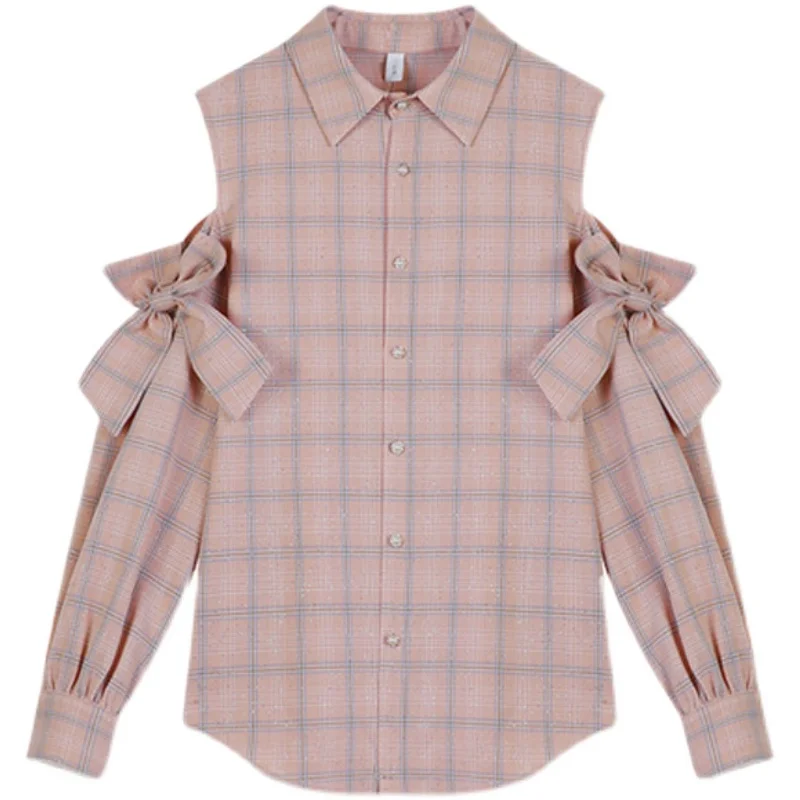 French Elegant Blouses Bow Off Shoulder Long Sleeve Plaid Button Cardigan Shirts Spring Fashion Design All Match Women Clothing