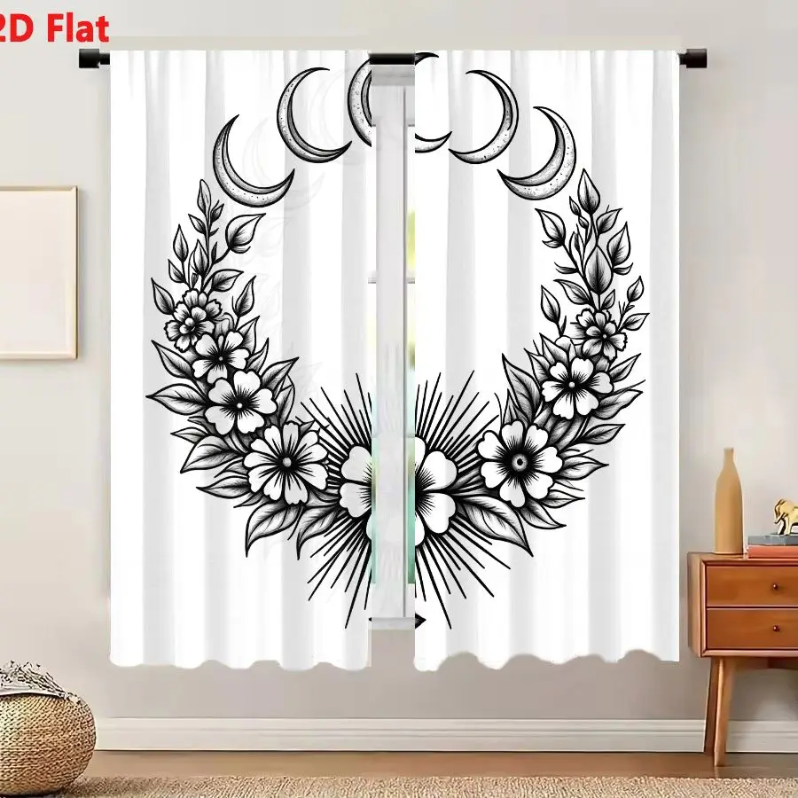 2Pcs Curtains 2D Flat Black And White Symmetrical Tattoo Design Circular Floral Celestial Elements Five Crescent Moons Floral Wr