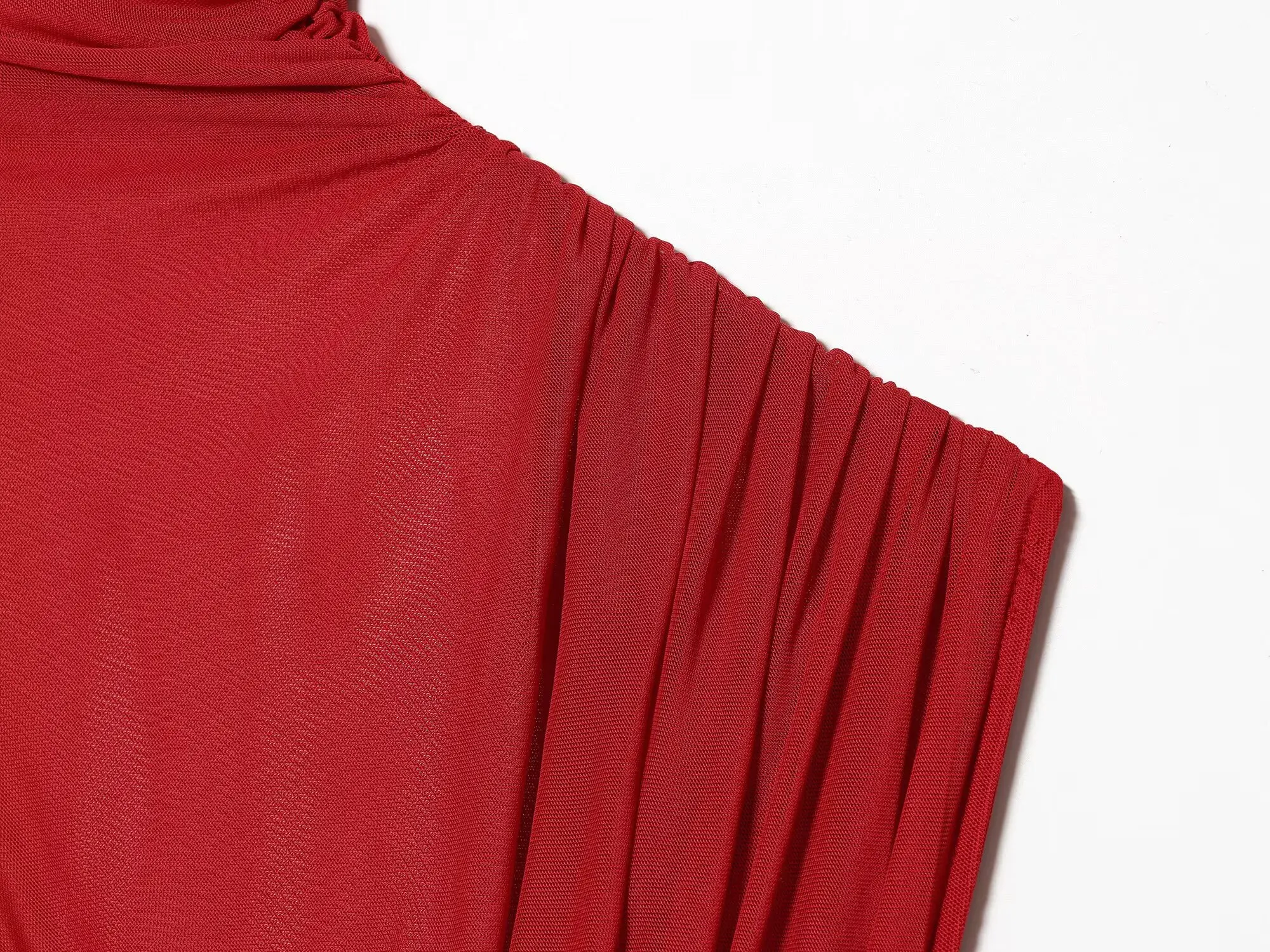 New Women High-Neck Sleeveless Ruched Sheer Red Mini Dress Mini Bodycon Celebrity Christmas Party Dress