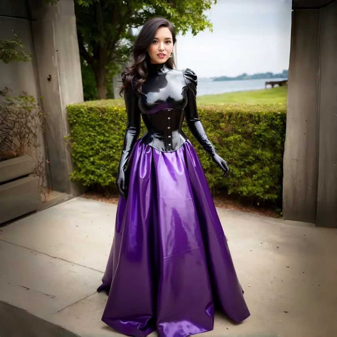 Glänzendes, schwarzes, violettes PVC-Ballkleid mit Puffärmeln, langen Ärmeln, Korsett, Cosplay-Party-Abendkleid, Kostüm für besondere Anlässe, nach Maß gefertigt