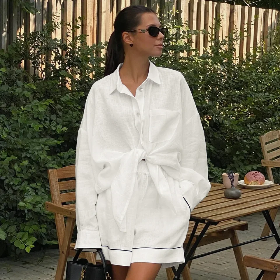 2026 Spring Summer New Womens Lazy Elegant Shirt Cardigan High Waisted Fashion Elegant Contrast Shorts Set