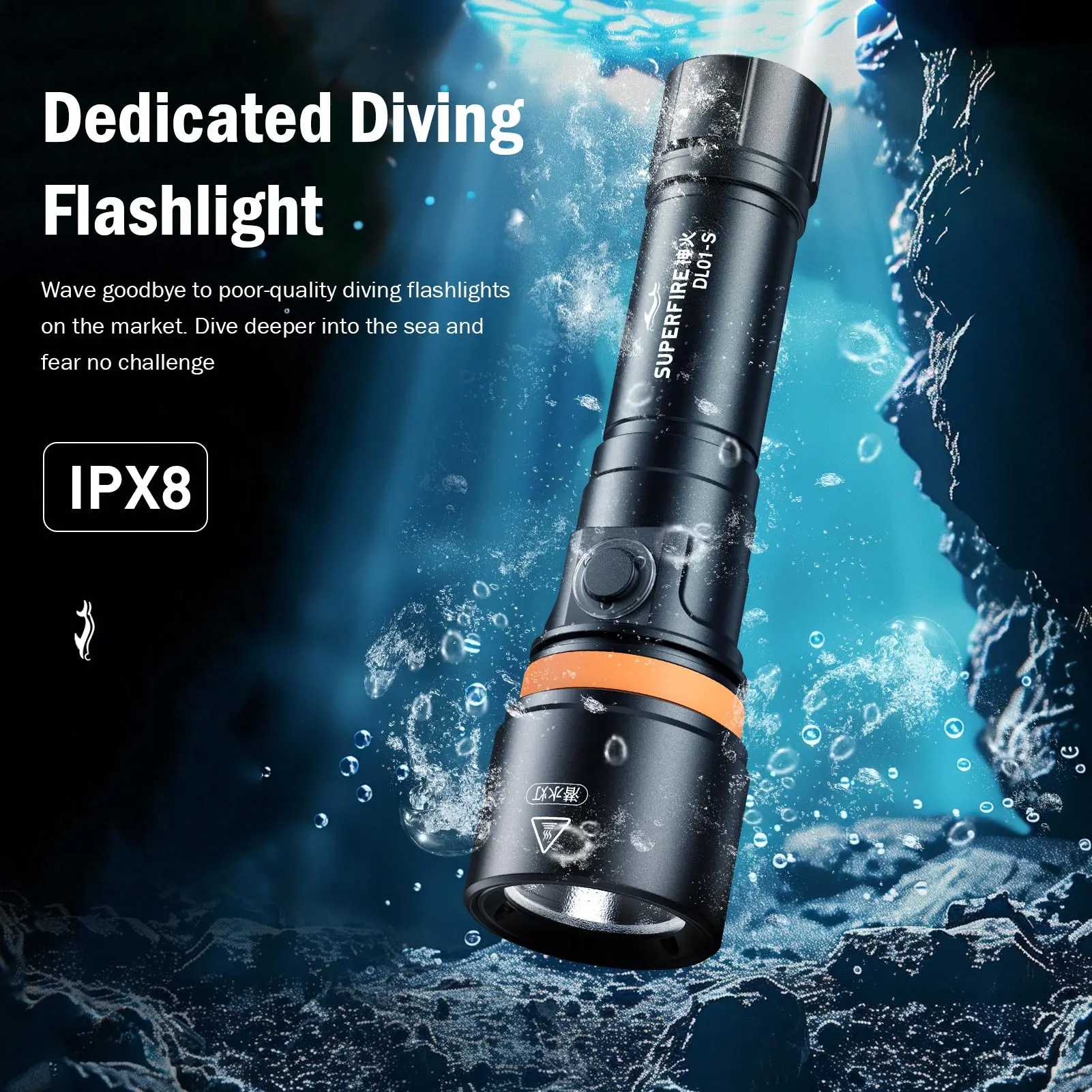 SUPERFIRE DL01-S Super Bright LED Flashlight Underwater with Rechargeable Power IPX8 Waterproof Submersible Torch for Night Cave