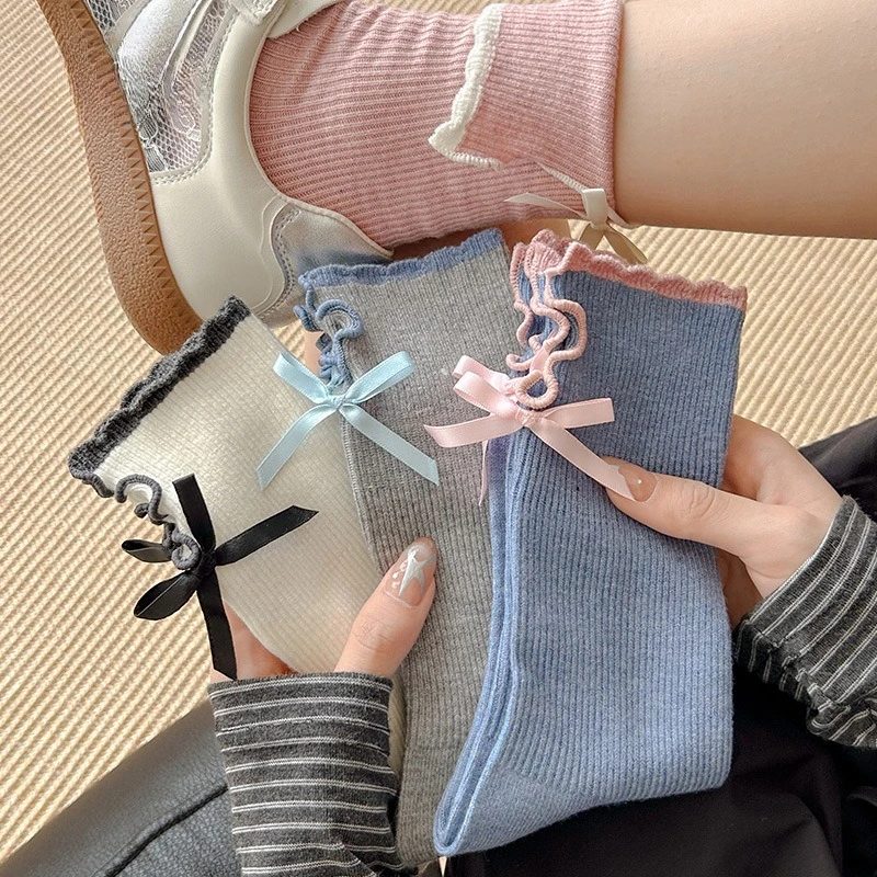 6 Pairs 2026 Spring Autumn Cotton Frilly Socks with Bow Tie Mid Length Knit Socks Casual Korean Style Thermal Socks Wholesale