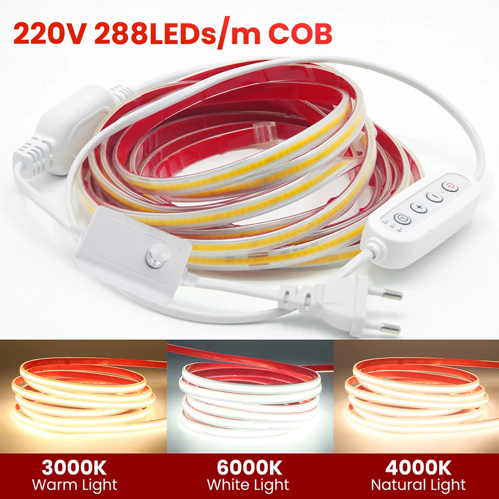 

Dimmable COB LED Strip Light Adhesive Tape 220V Dimmer Switch EU Power Plug Kit 288 Led Linear Lighting Flexible Clear Tube Lamp