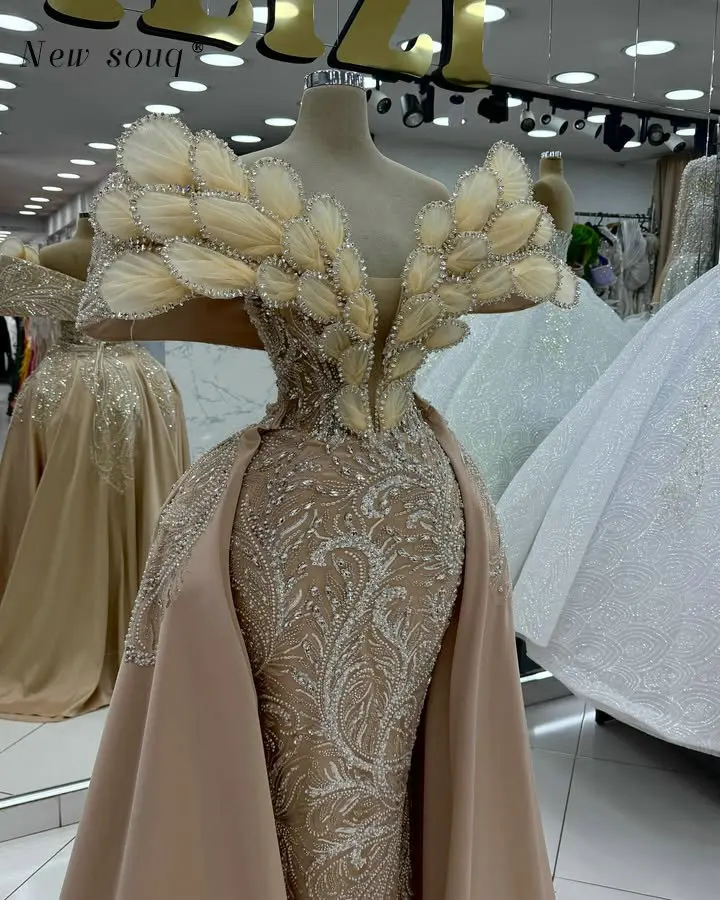 

Champagne Two Pieces Off Shoulder Evening Dresses With Overskirt Customized Glitter Sequins Long Wedding Guest Party Wear Gowns