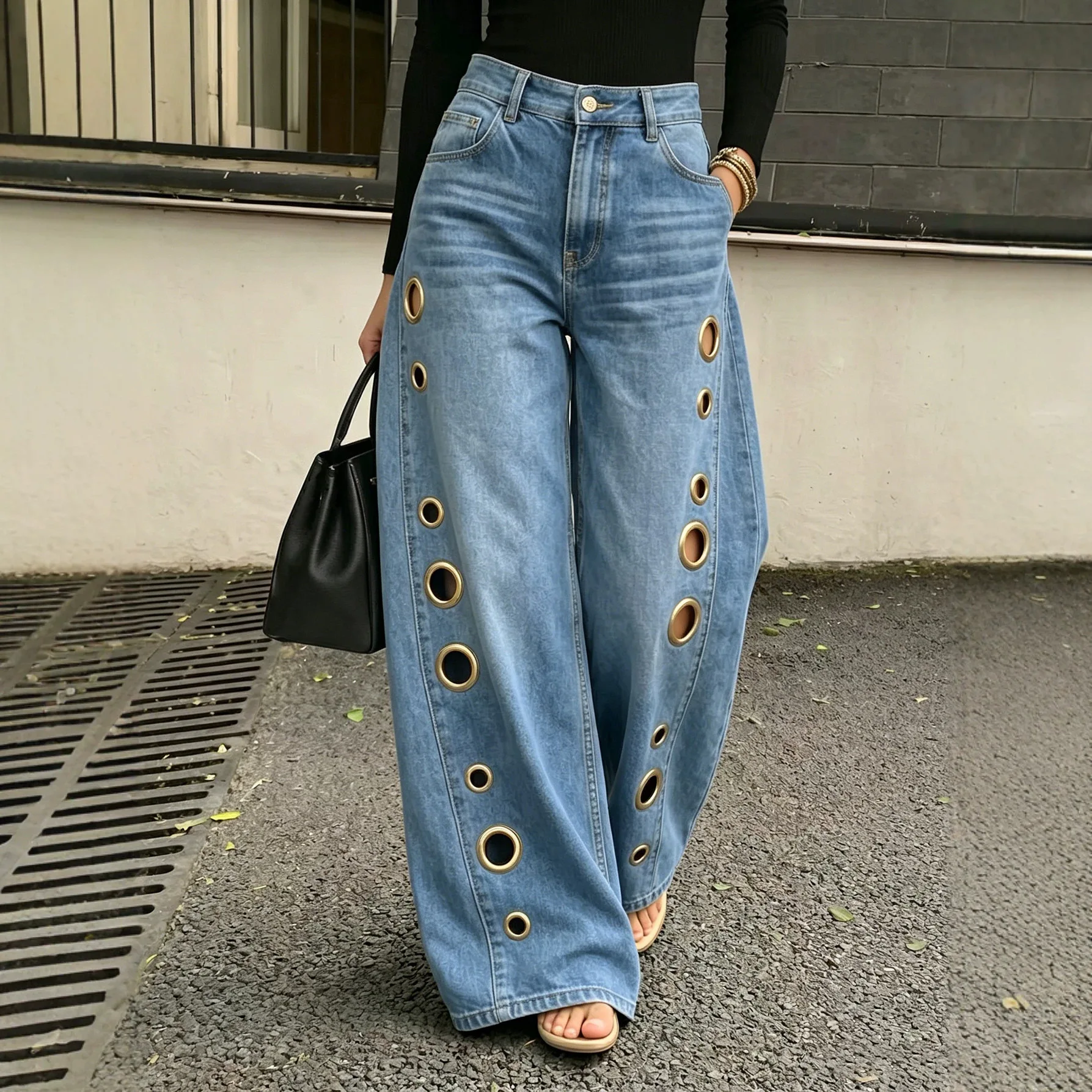 Women's Jeans Metal Round Hole Hollow Wide-leg Jeans Women, High Waist Washed Personalized Trousers Summer Foreign Trade Spot Lo