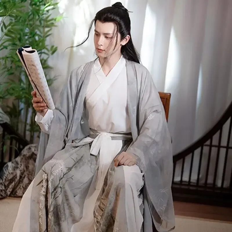 هانفو صيني تقليدي مطبوع للرجال ، زي تنكري لكرنفال الهالوين للذكور ، قميص هانفو رمادي ، تنورة ومعطف ، حجم كبير 2XL