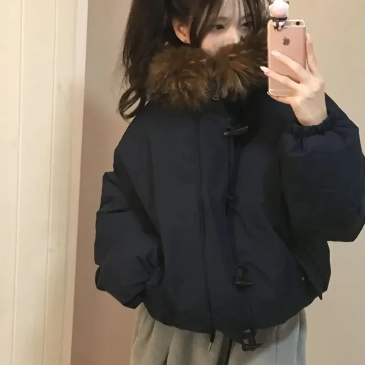 Women's Cotton Jacket Coat Winter Thickened Warm Long Sleeve Hooded Chic High-End Feeling Large Fur Collar Button up Top