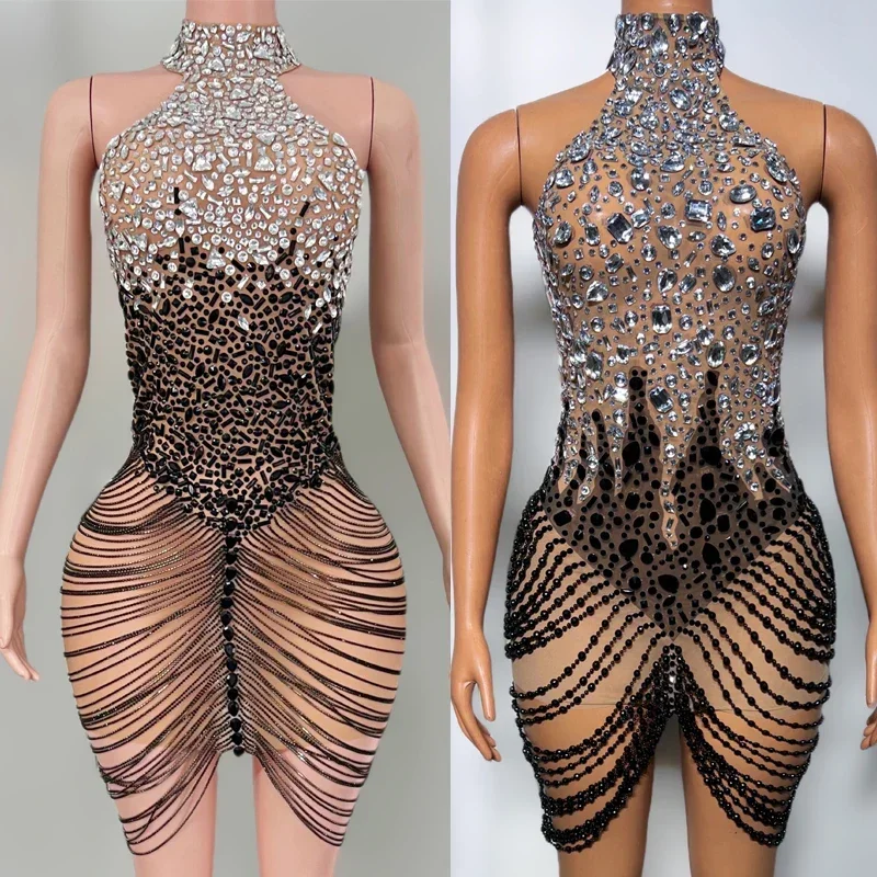 Robe à Franges avec Strass Noirs et Argentés pour Femme, Tenue de Festival de Chanteur, Sexy, ix, Pole Dance, Bar, Ds Dj, Costume Triblockchain