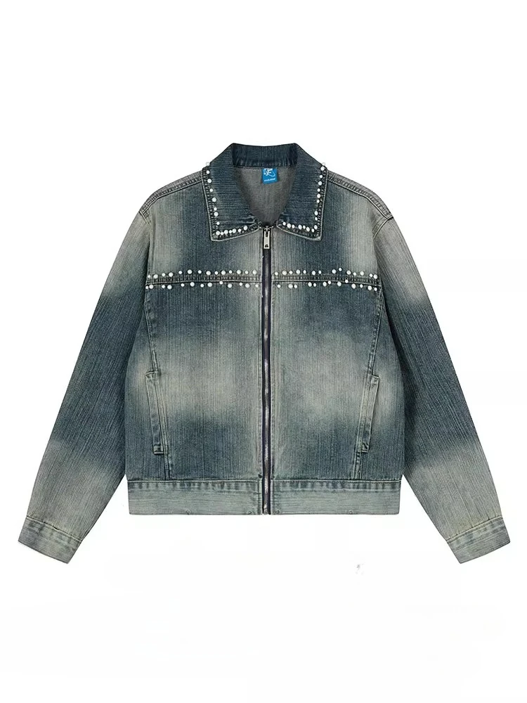 Men Women 2025 Autumn New Loose Versatile Denim Coats Handsome Trendy Jackets American Style Retro Beaded Design Denim Jackets