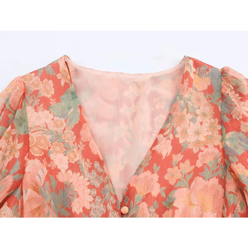 Nuove donne vintage manica a sbuffo scollo a V stampa floreale abito corto pizzo vita a-line autunno abiti casual abiti in chiffon