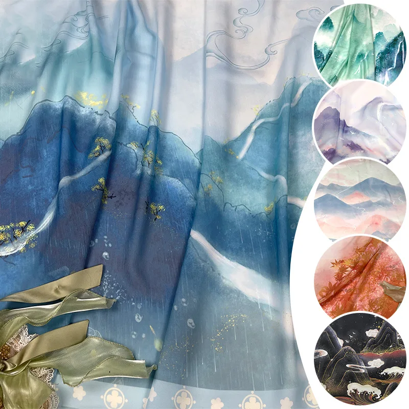

1x1.5M Chinese Landscape Printed Fabric Translucent Ancient Style Chiffon Fabric Hanfu Dress Horse Face Skirt DIY Sewing Fabric