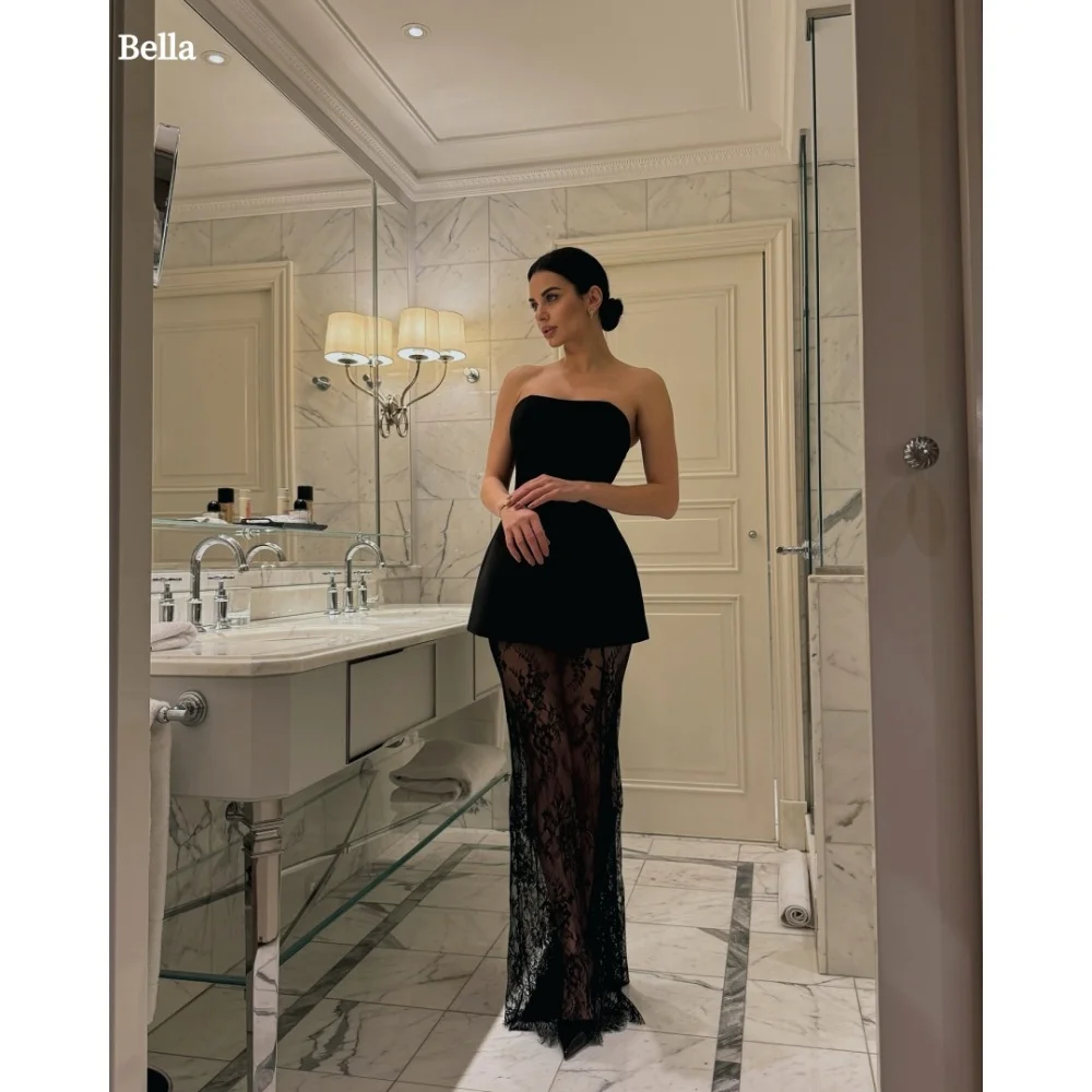 

Bella Customized Black Two-Piece Set Lace Strapless Backless robes de soirée Sleeveless Party Dresses Floor-Length Prom Dress